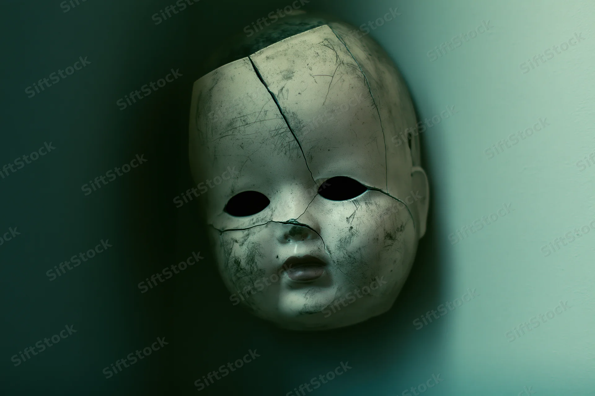 Cracked porcelain doll face propped in a dark corner