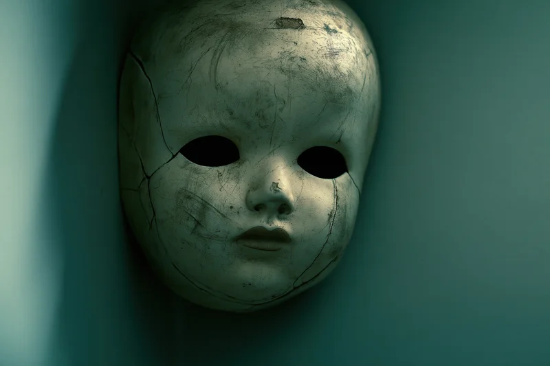 Cracked porcelain doll face propped in a dark corner