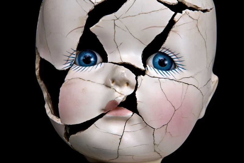 Cracked porcelain doll head with blue glass eyes against black background