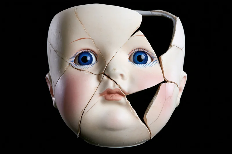 Cracked porcelain doll head with blue glass eyes against black background