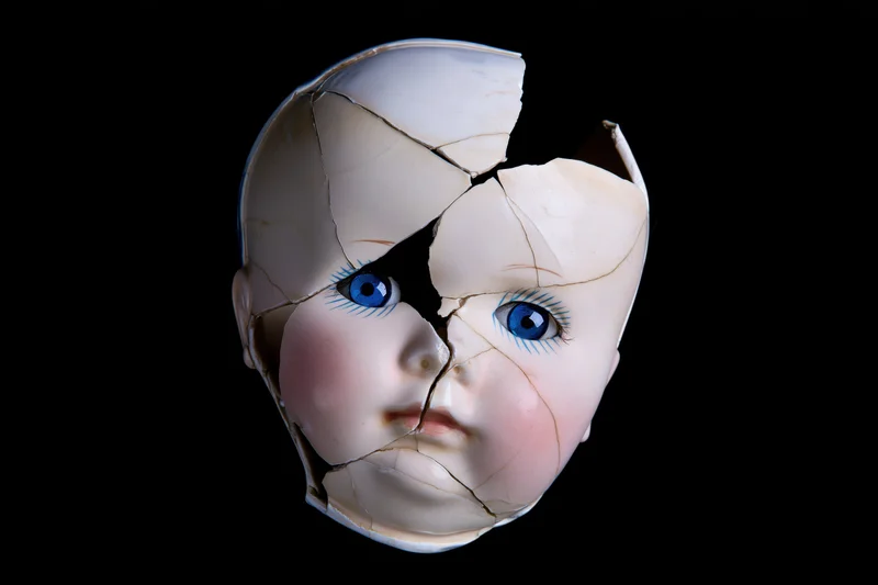 Cracked porcelain doll head with blue glass eyes against black background