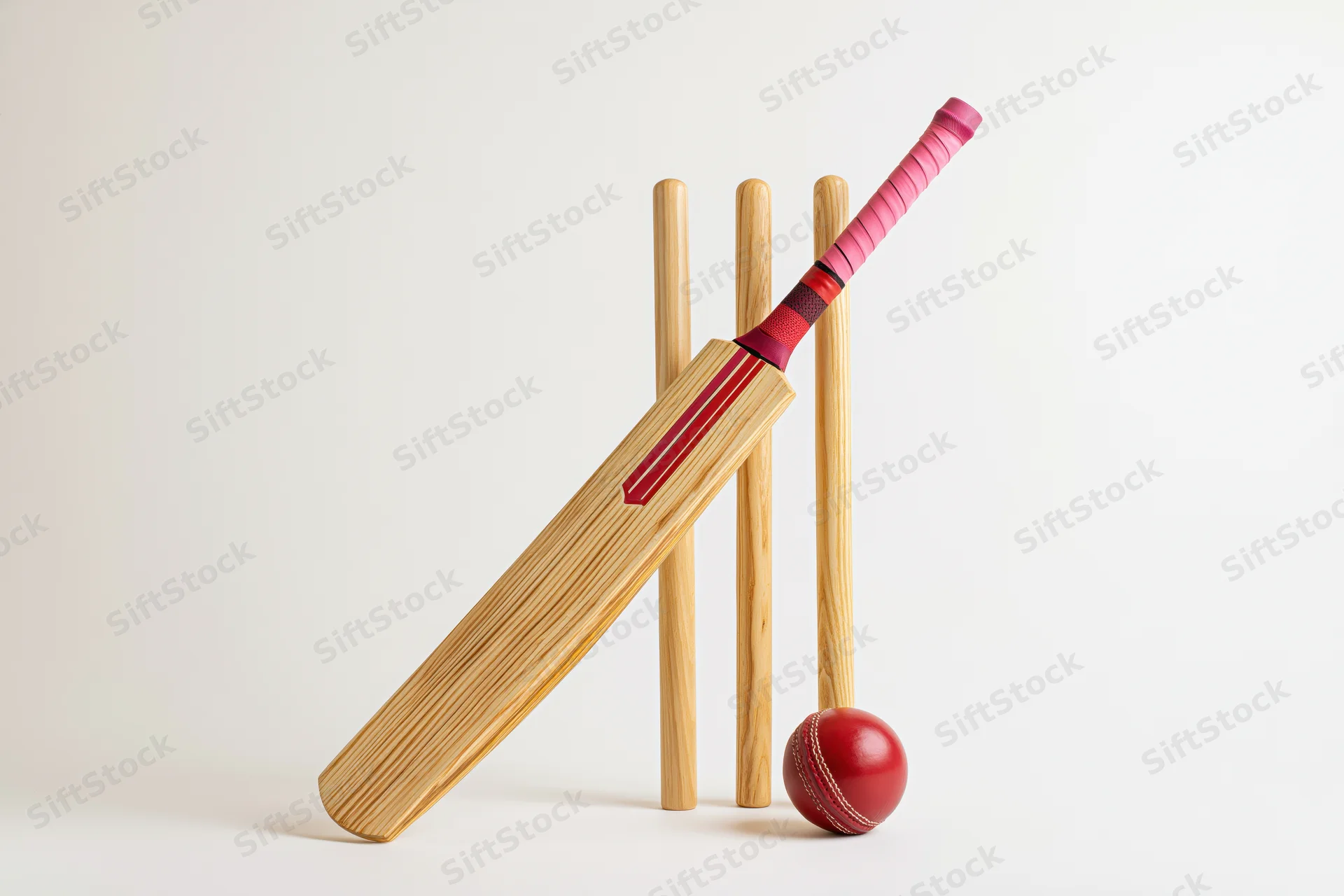 Cricket bat leaning against wooden stumps with a red leather ball on white background