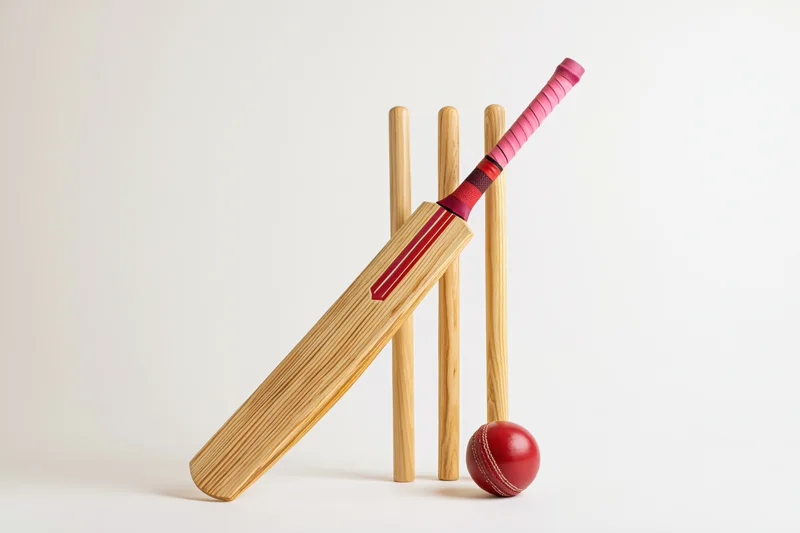 Cricket bat leaning against wooden stumps with a red leather ball on white background