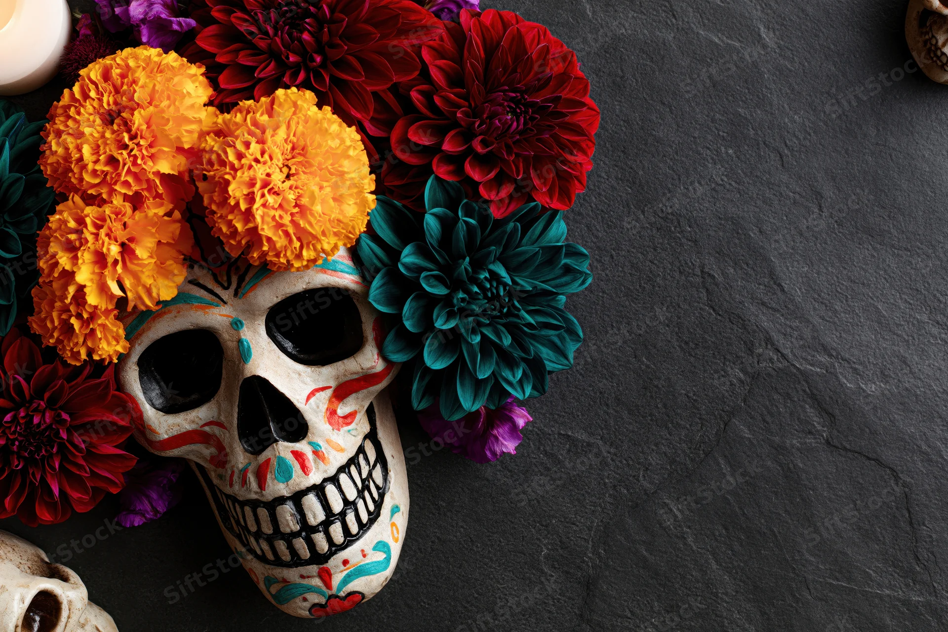 Painted sugar skull adorned with marigolds and colorful flowers on dark slate surface