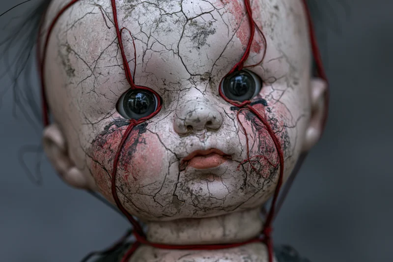 Closeup of a damaged porcelain doll with cracked pale face and large glassy eyes, red thread wrapped around its head and neck