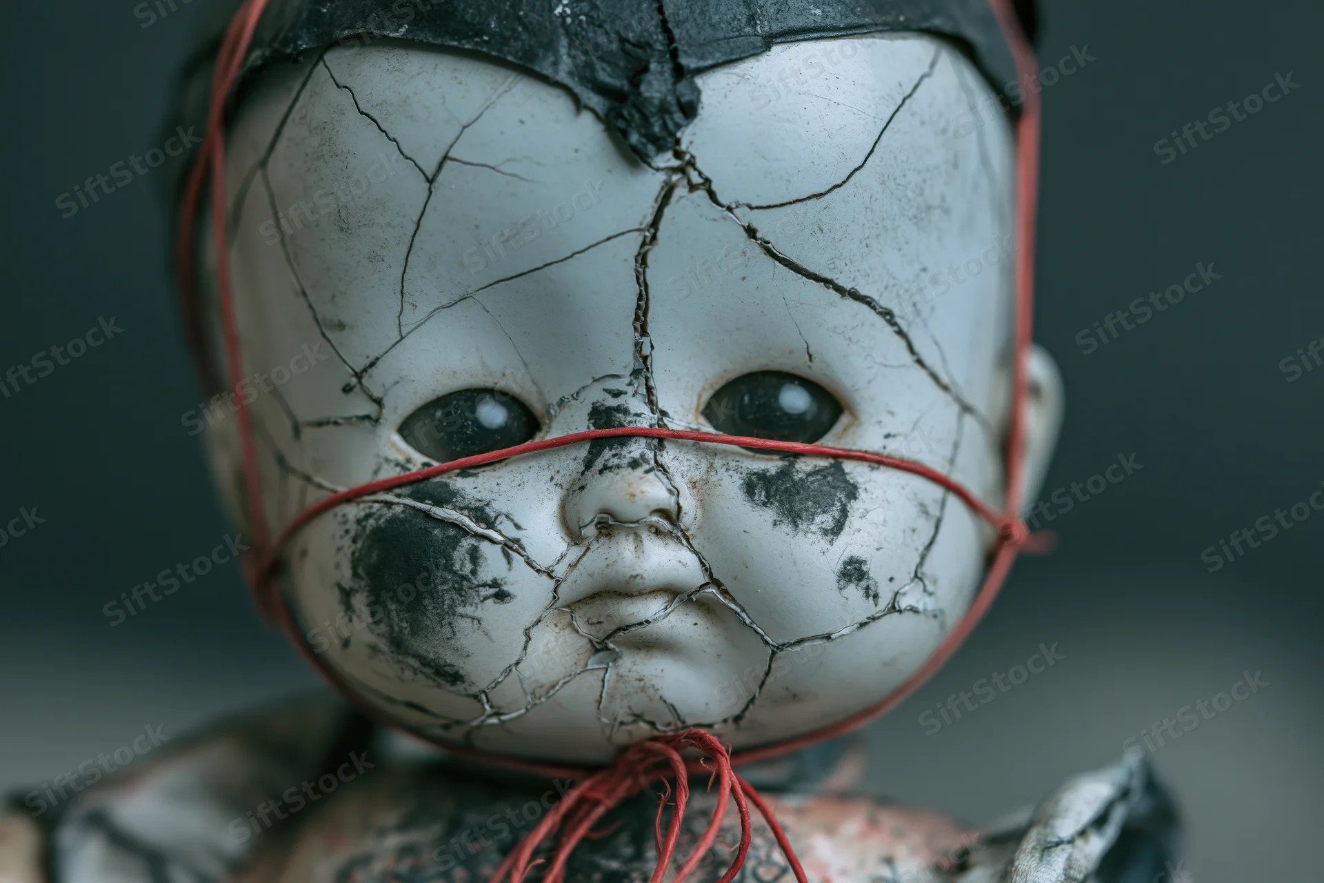 Closeup of a damaged porcelain doll with cracked pale face and glassy eyes, bound with red string