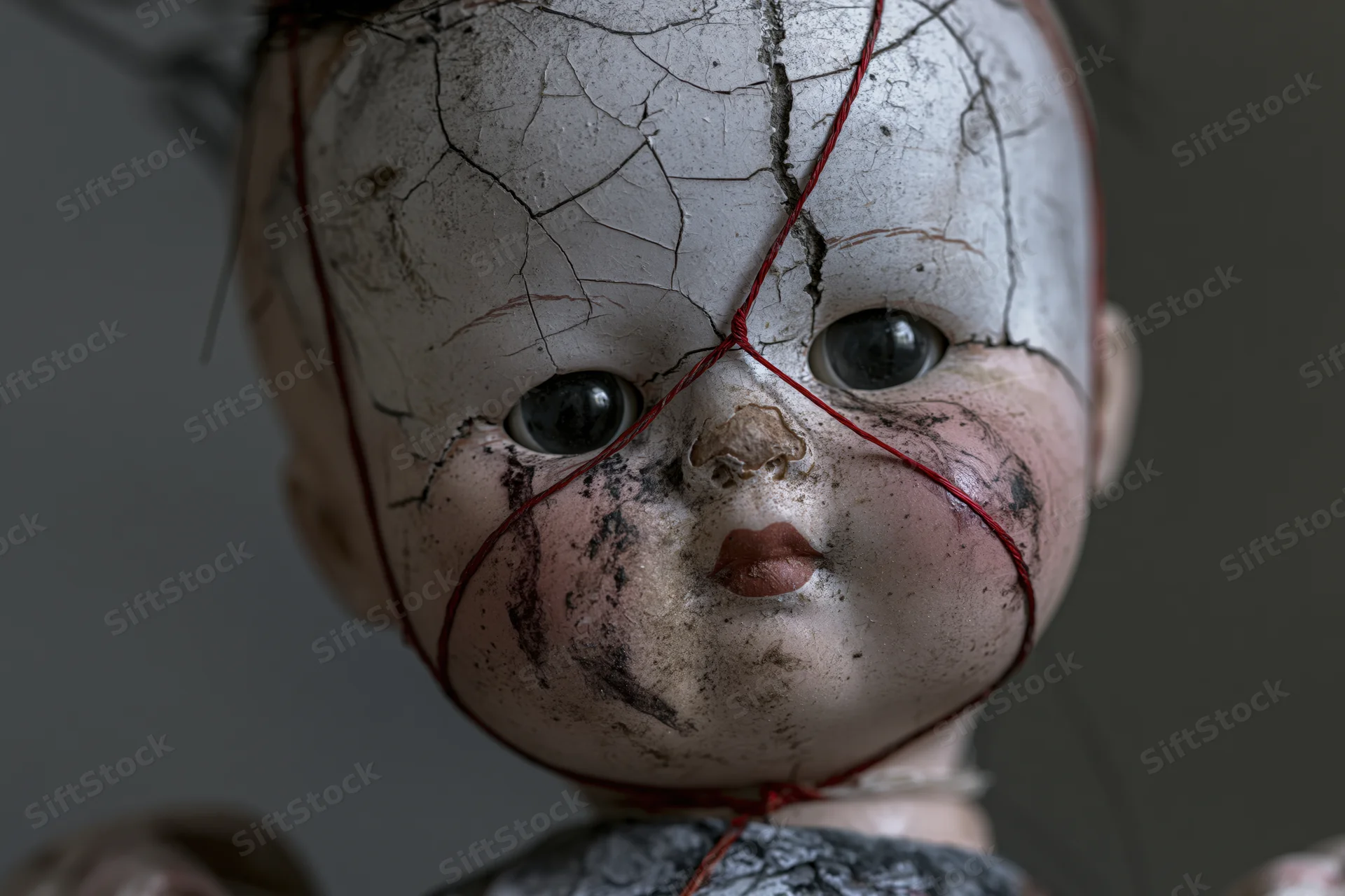Closeup of a damaged porcelain doll with cracked face and glassy eyes, bound with red string