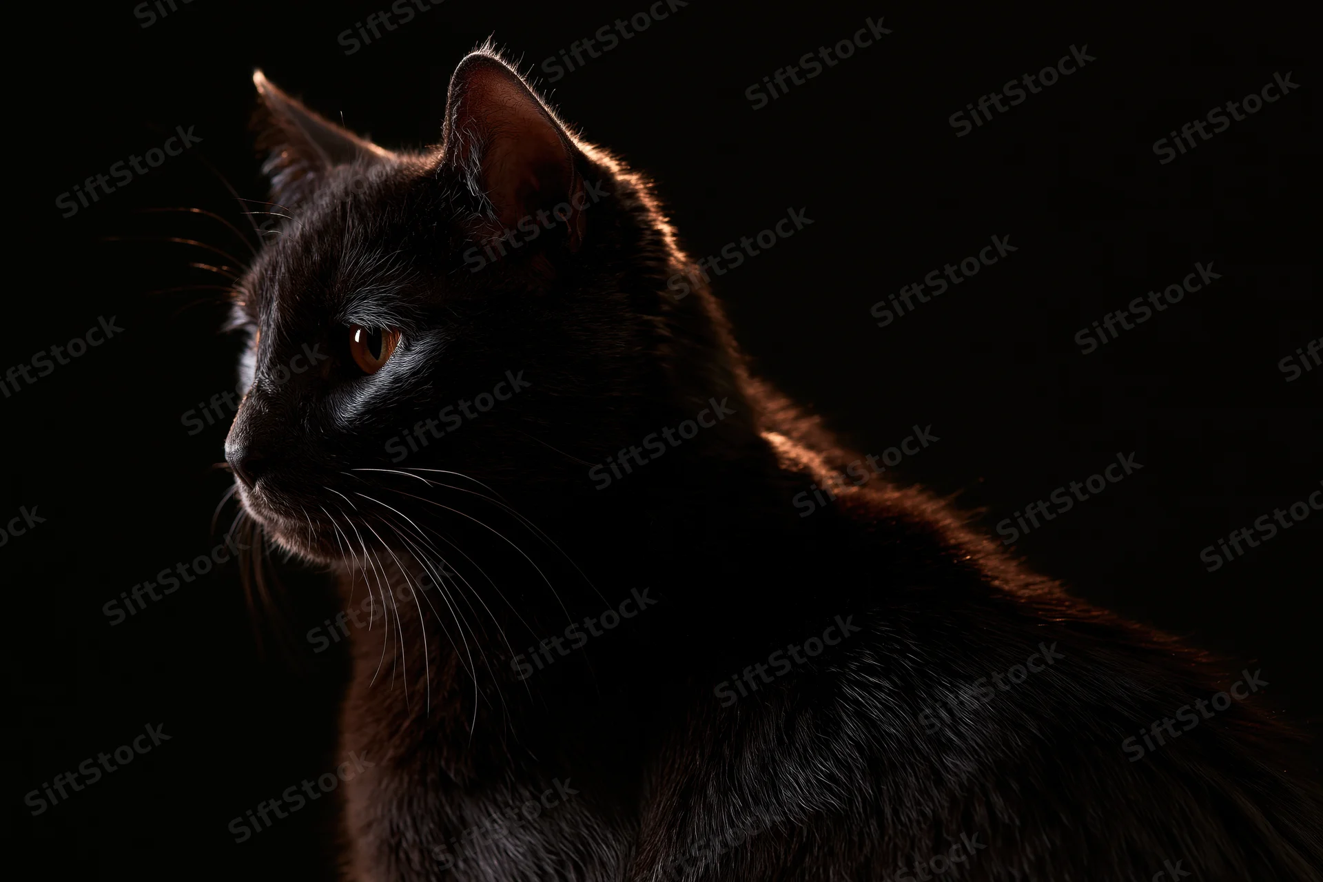 Black domestic cat in profile with alert expression against dark background