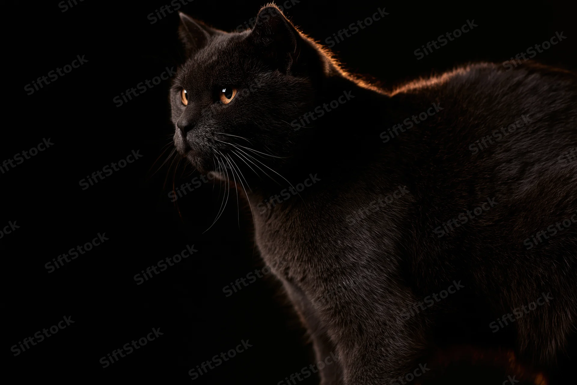 Black domestic cat standing alert in profile against dark background