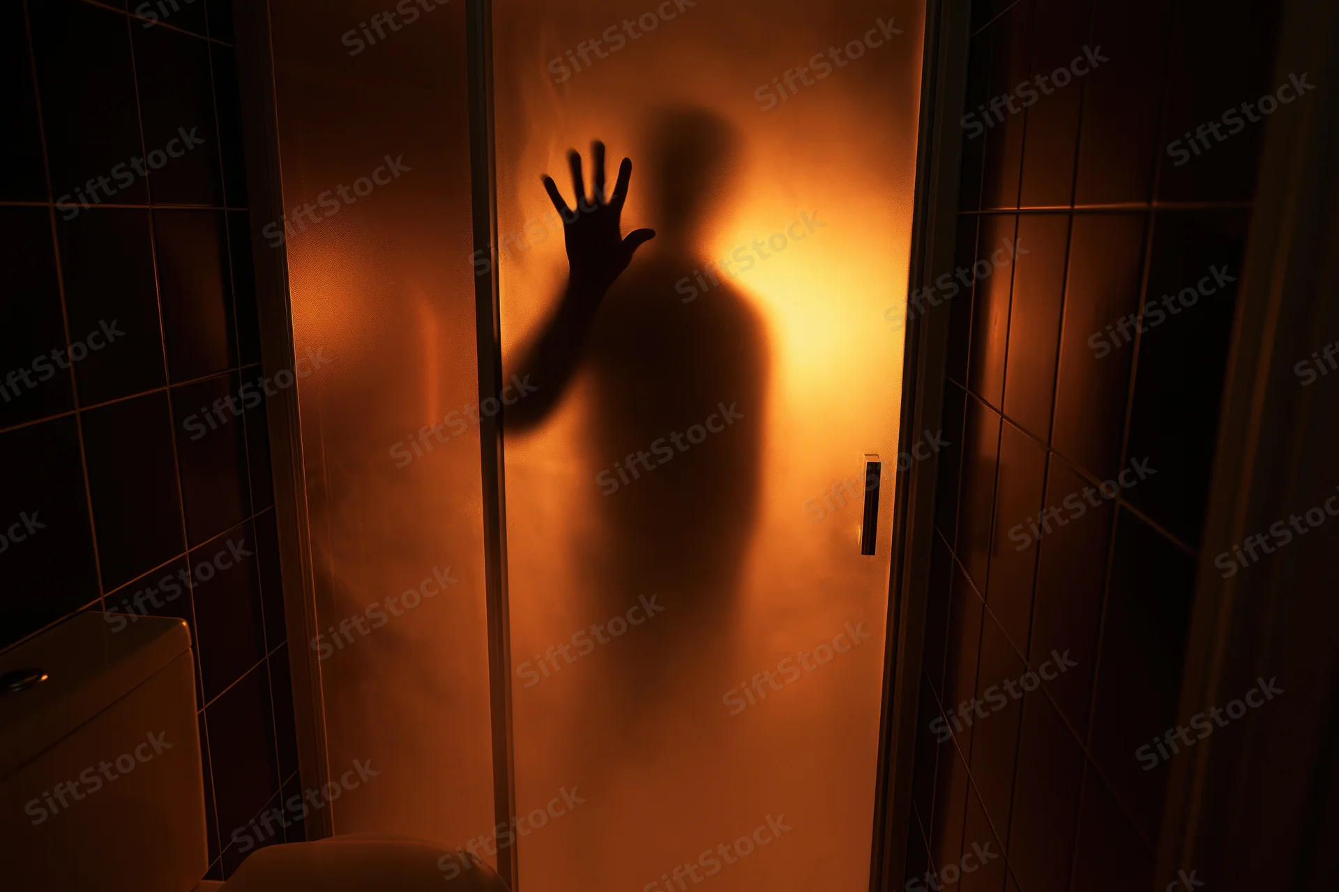 Shadow of a human figure pressing hand against frosted glass door in dark bathroom at night