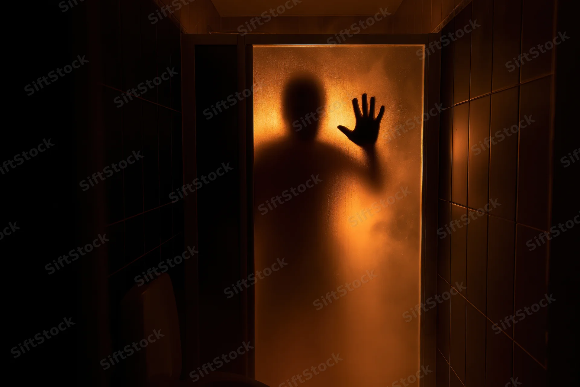 Shadowy human silhouette pressing hand against frosted shower door in dark bathroom at night