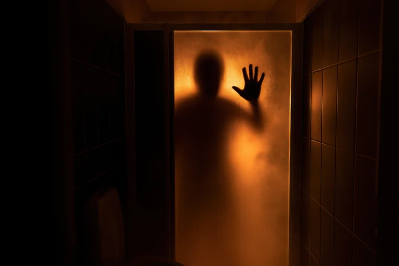 Shadowy human silhouette pressing hand against frosted shower door in dark bathroom at night