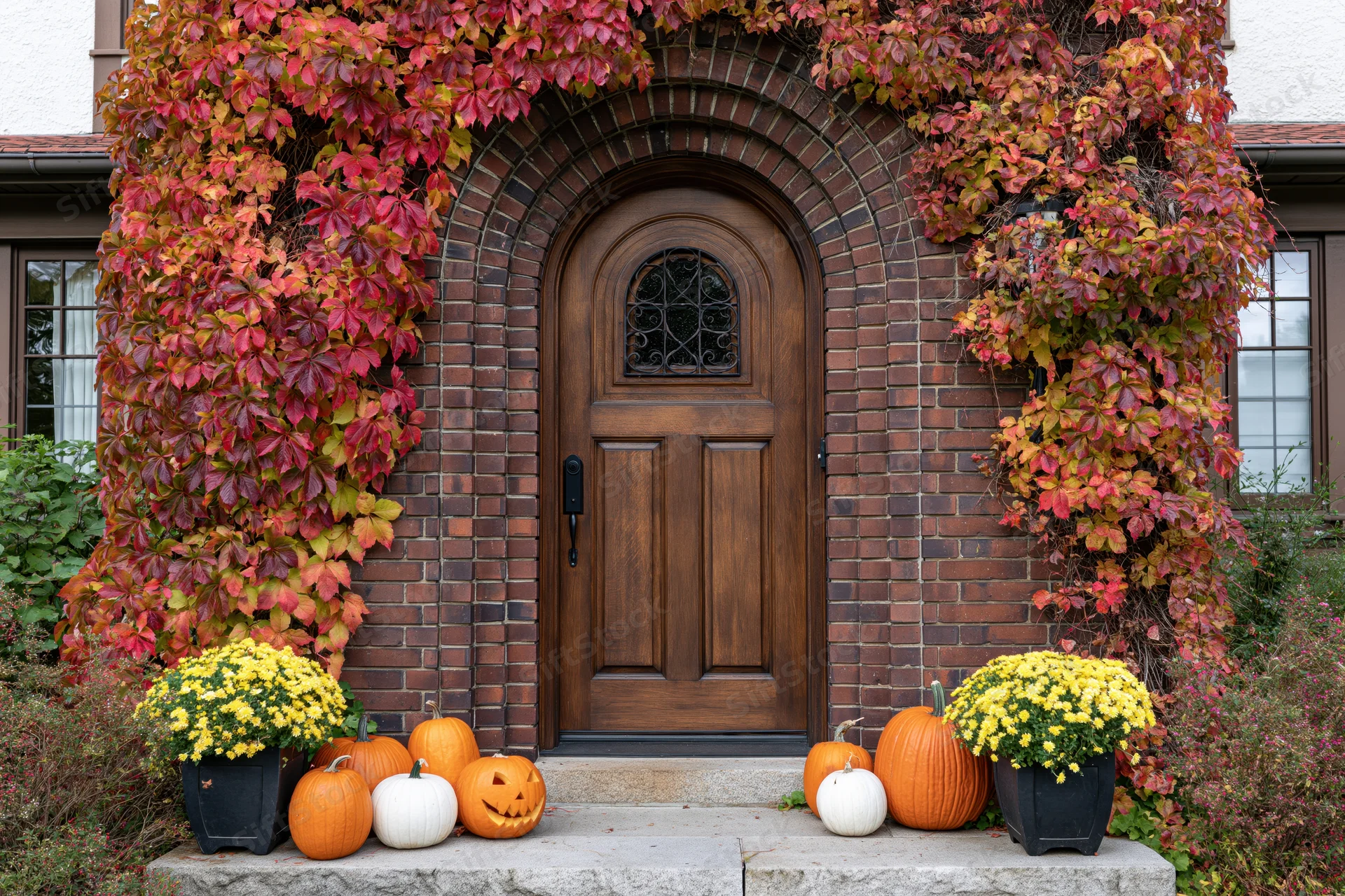 Brick house front door with autumn foliage and pumpkins on porch steps