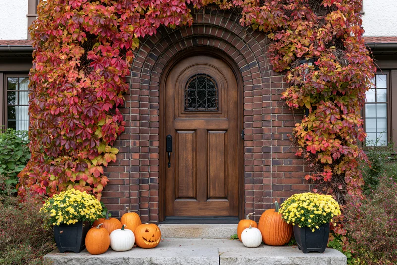 Brick house front door with autumn foliage and pumpkins on porch steps