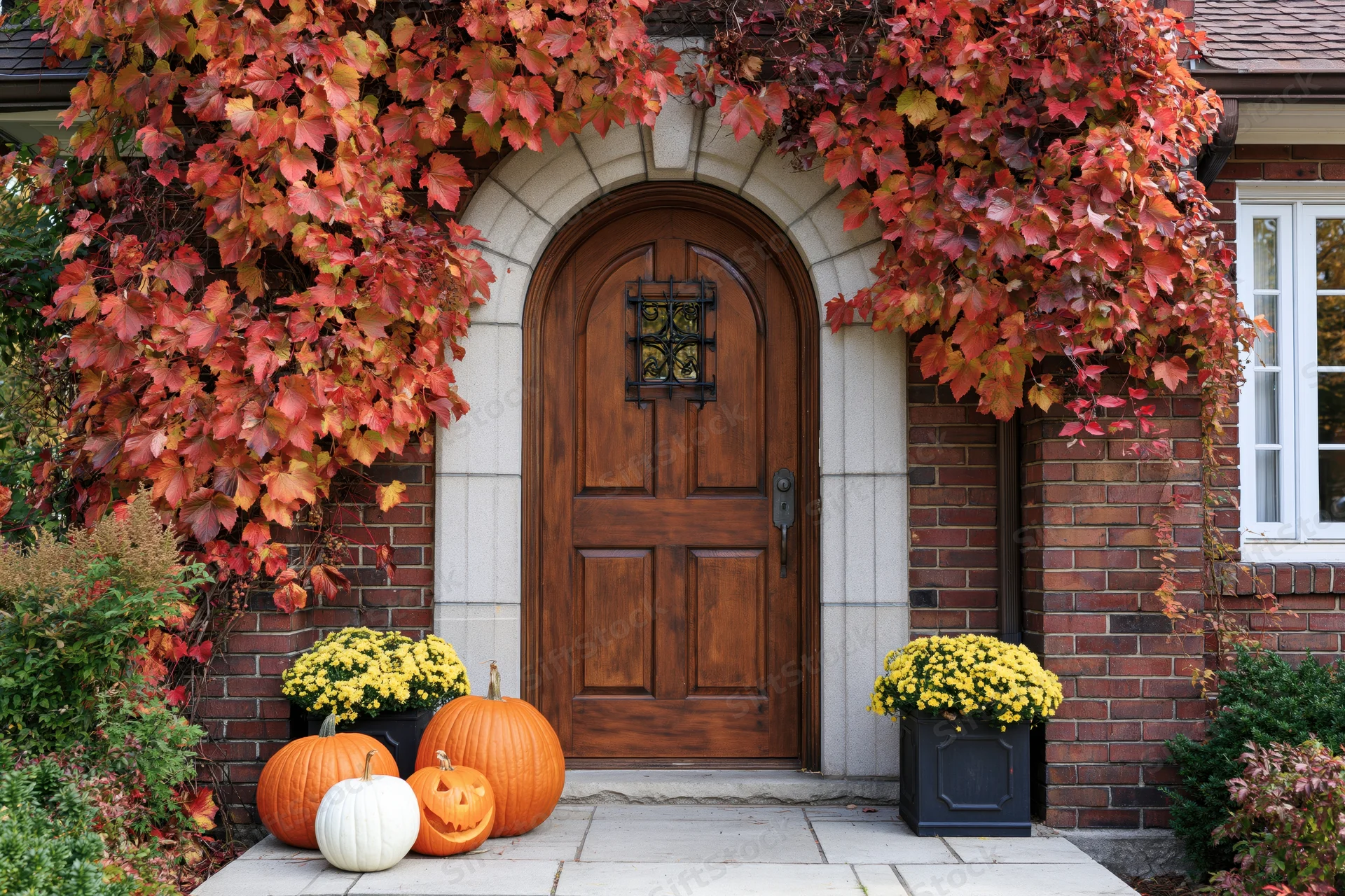 Arched wooden front door of a brick house framed by red autumn ivy with pumpkins and yellow mums on the porch