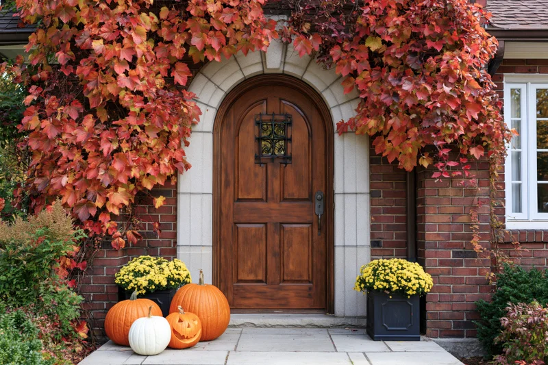 Arched wooden front door of a brick house framed by red autumn ivy with pumpkins and yellow mums on the porch