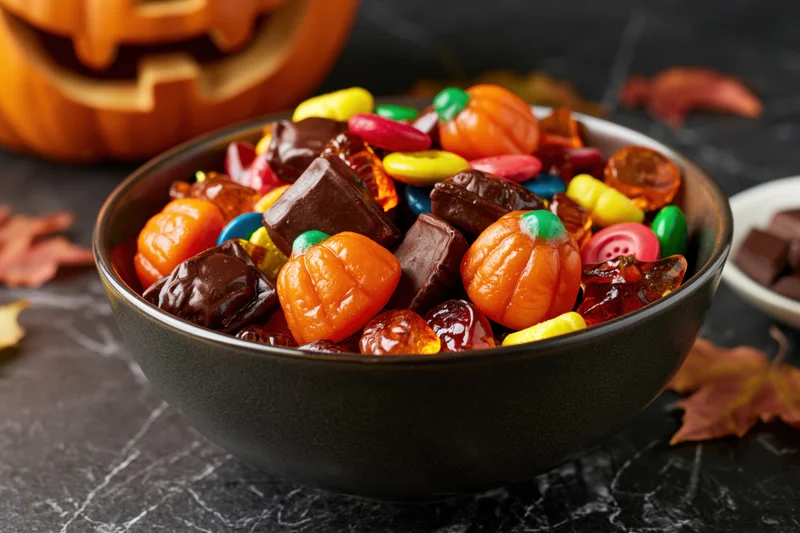 Dark ceramic bowl filled with halloween candy including pumpkin-shaped sweets and chocolate pieces on a marble surface with carved pumpkin and autumn leaves nearby