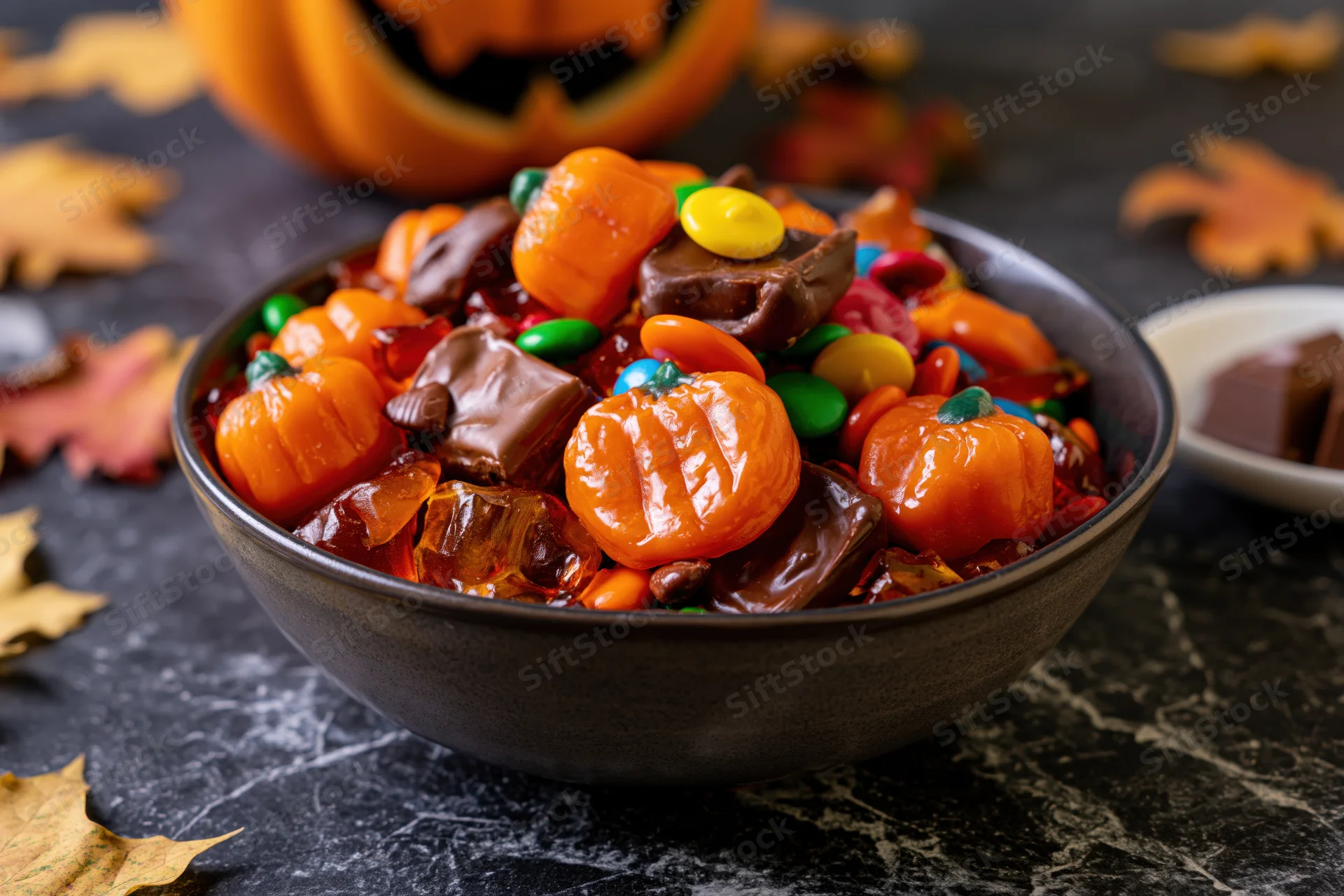 Dark ceramic bowl filled with halloween candy including orange pumpkin-shaped sweets and chocolate pieces on a dark surface with autumn leaves and a jack-o-lantern in the background