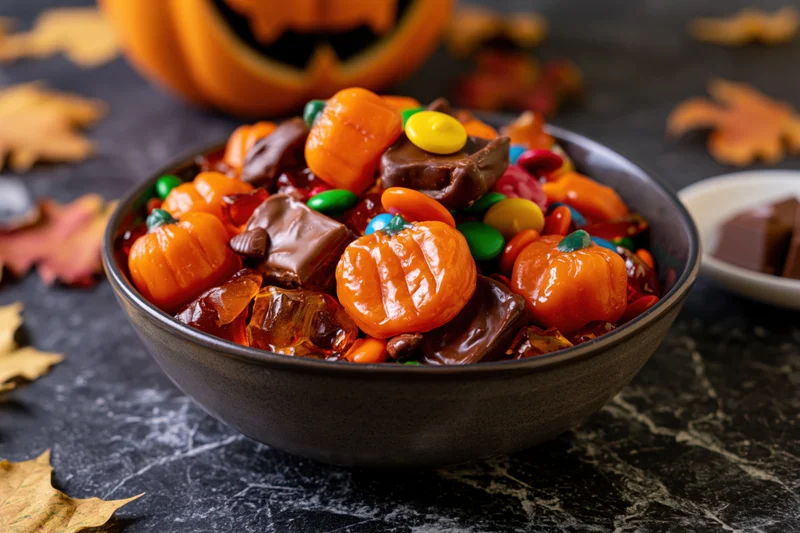 Dark ceramic bowl filled with halloween candy including orange pumpkin-shaped sweets and chocolate pieces on a dark surface with autumn leaves and a jack-o-lantern in the background