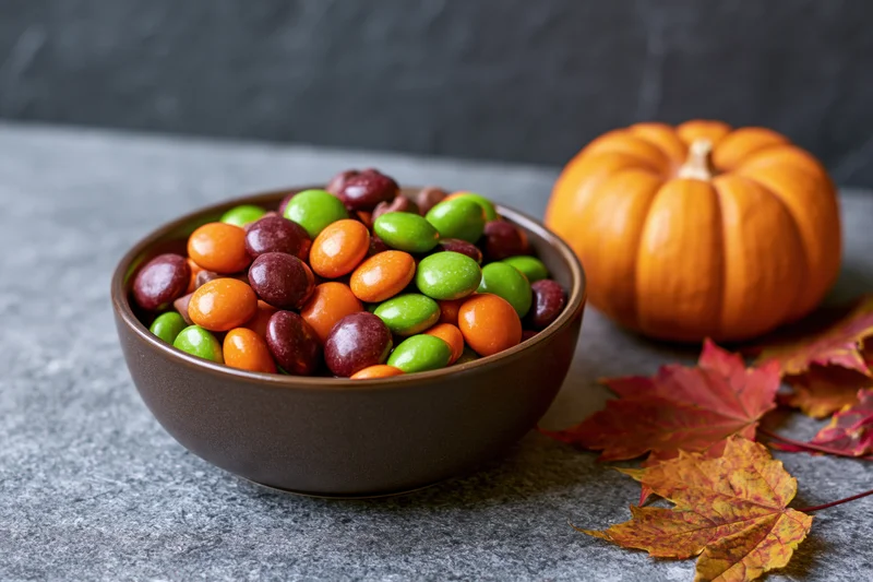 Bowl of multicolored candy beside a pumpkin and autumn leaves on a gray surface