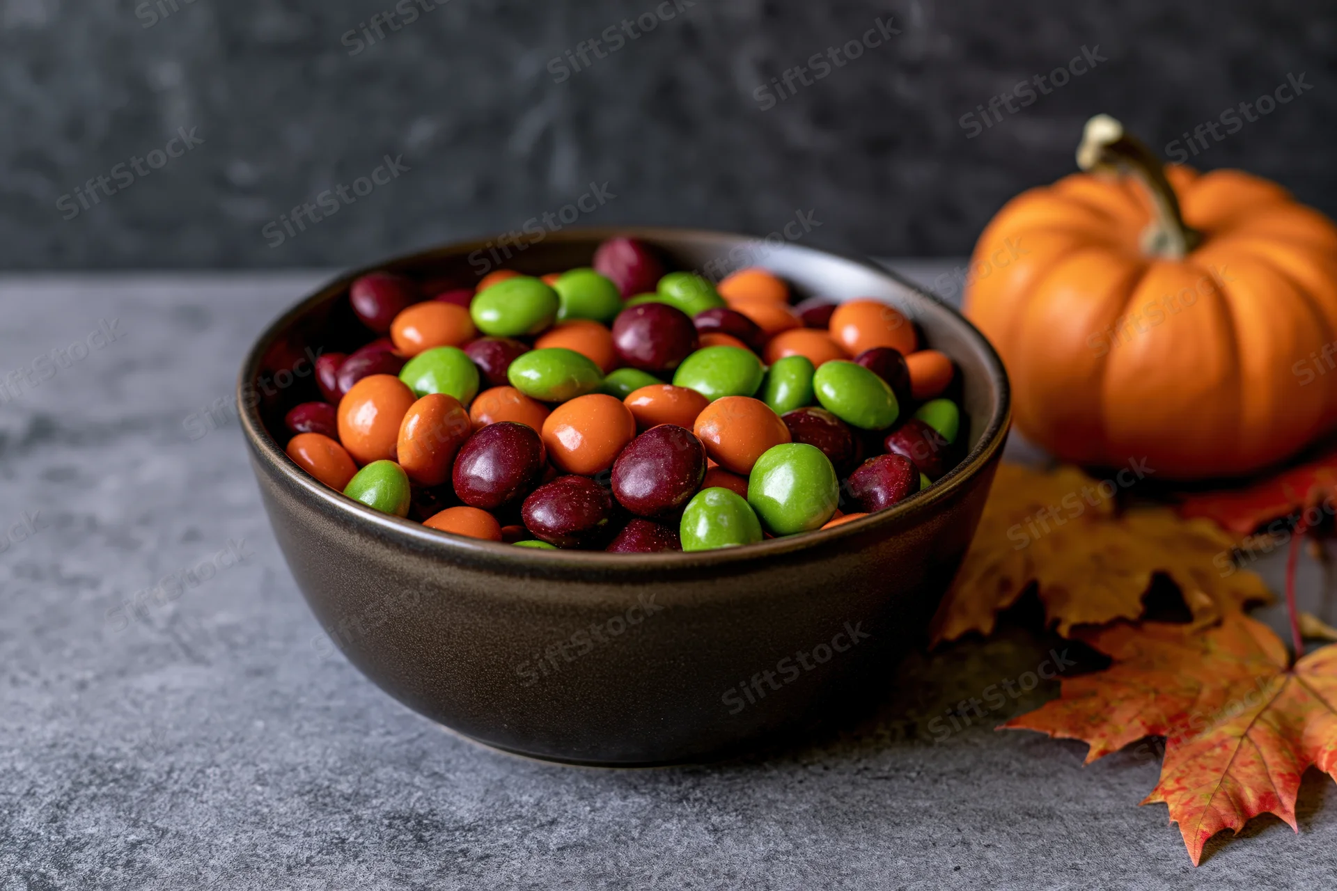 Bowl of orange green and deep red candy on gray surface with pumpkin and autumn leaves