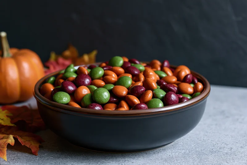 Dark ceramic bowl filled with orange green and red candy on a gray surface with autumn leaves and a pumpkin nearby