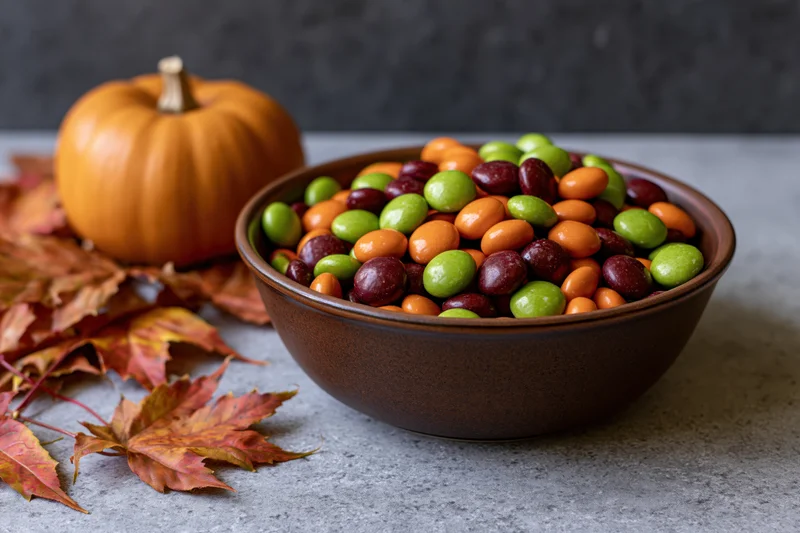 Bowl of colorful candy beside a pumpkin and autumn leaves on a gray surface