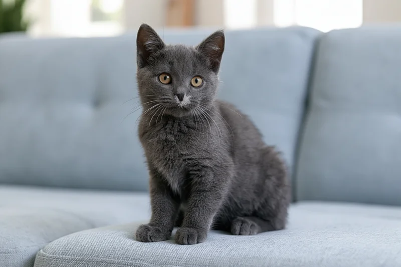Grey kitten sitting alert on light blue tufted sofa in living room