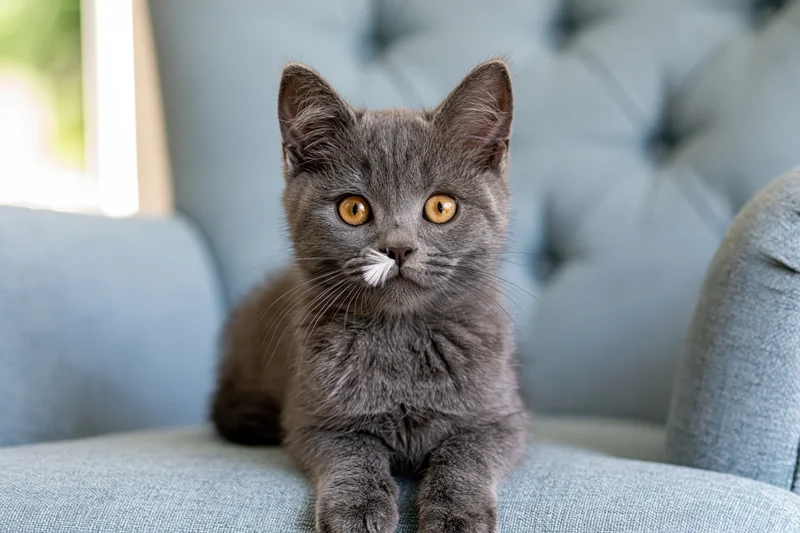 Grey kitten sitting on light blue tufted sofa indoors
