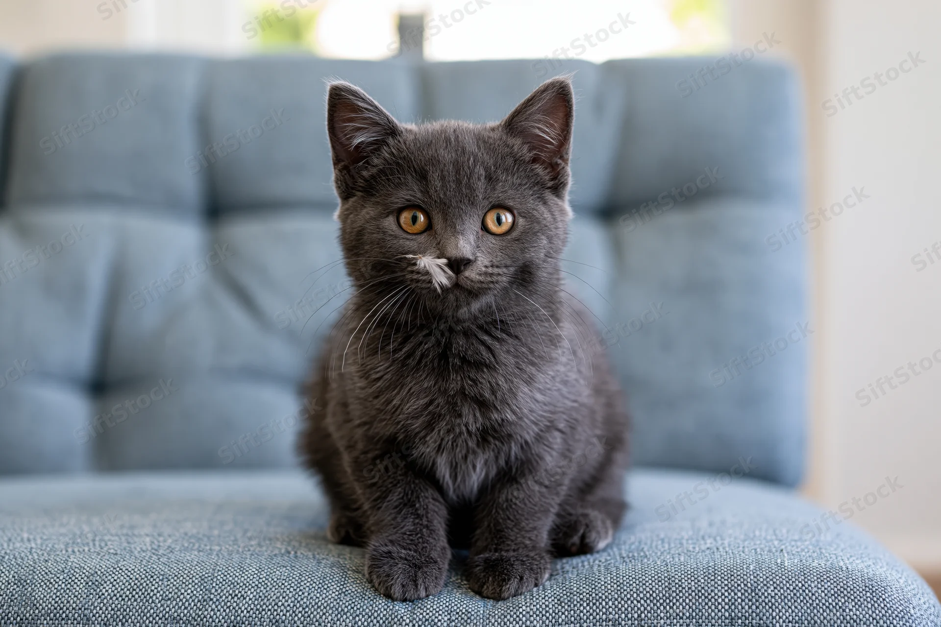 Dark grey kitten sitting on light blue tufted sofa looking at camera