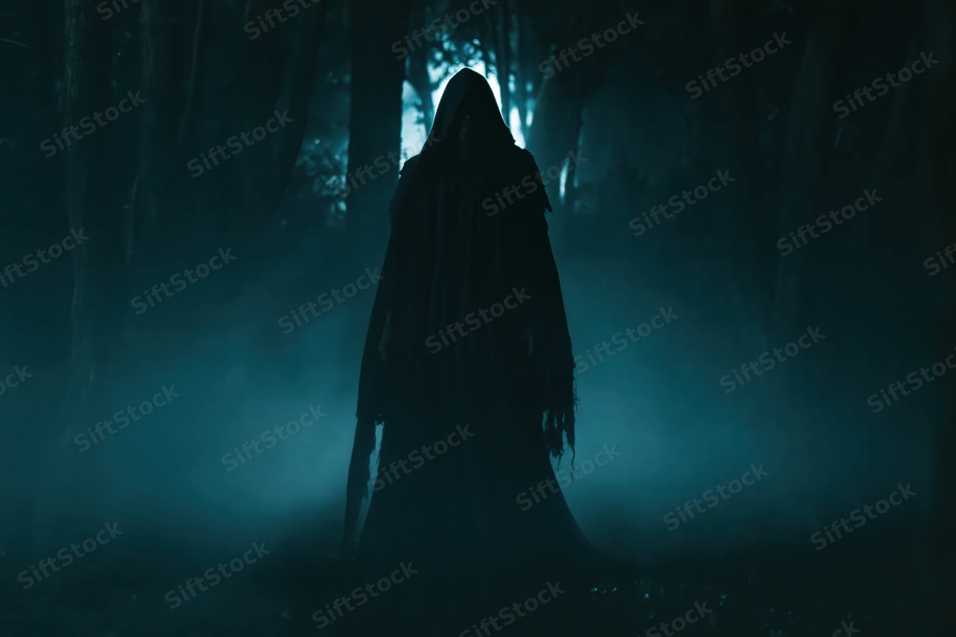 Dark hooded figure standing motionless in a misty forest at night