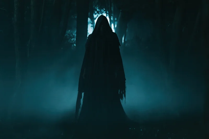 Dark hooded figure standing motionless in a misty forest at night