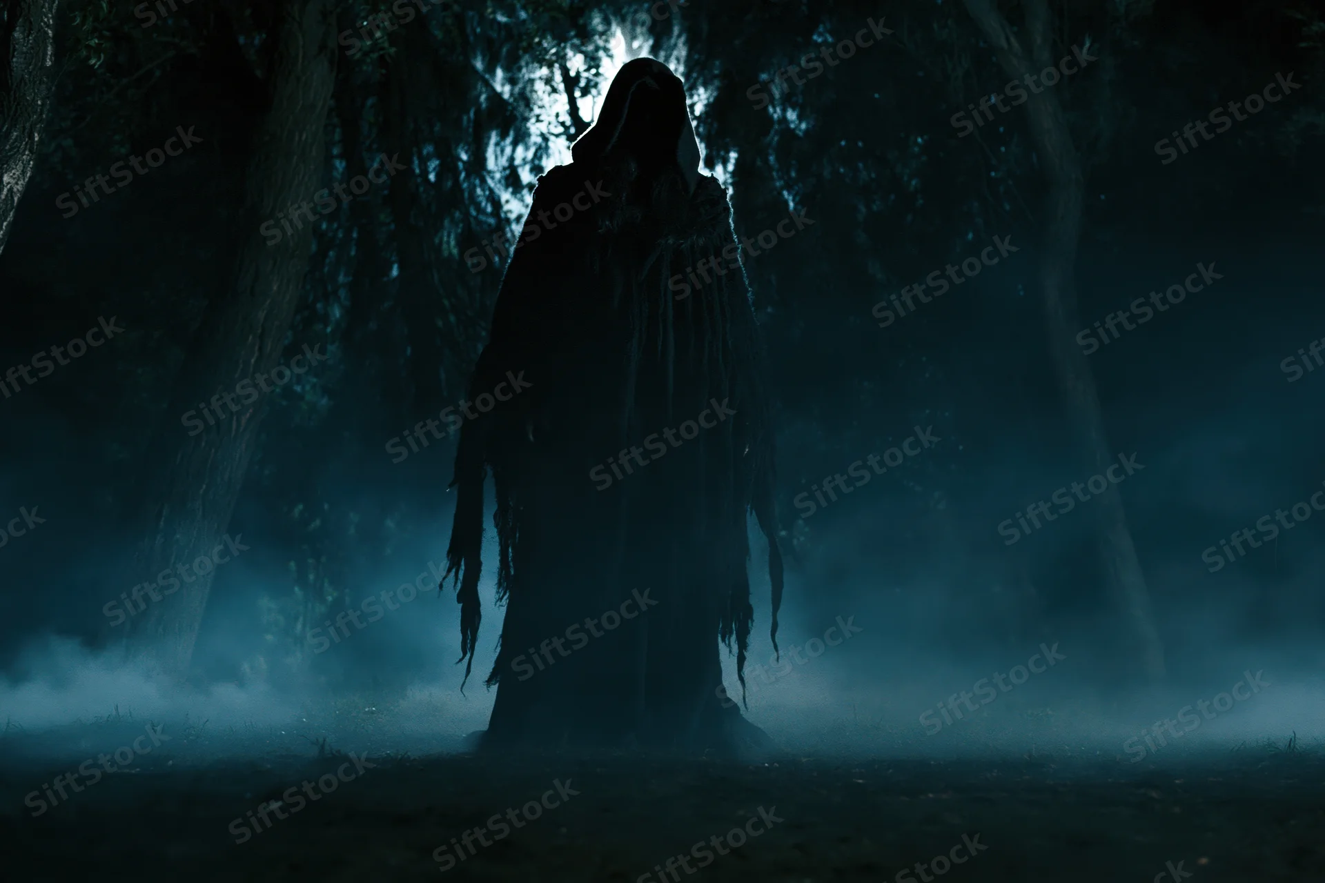 Dark hooded figure standing motionless in a misty forest at night