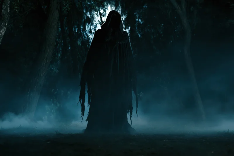 Dark hooded figure standing motionless in a misty forest at night