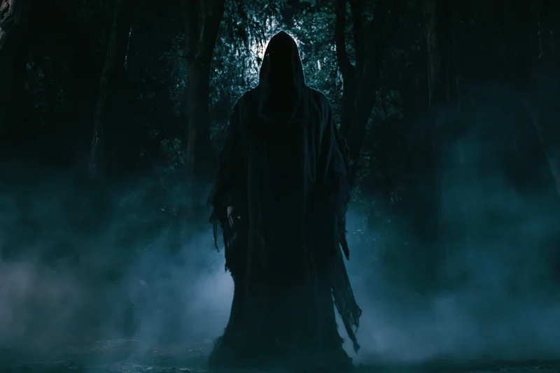 Dark hooded figure standing motionless in misty forest at night