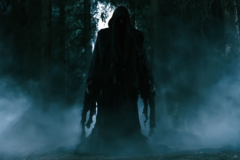 Dark hooded figure standing motionless in misty forest at night