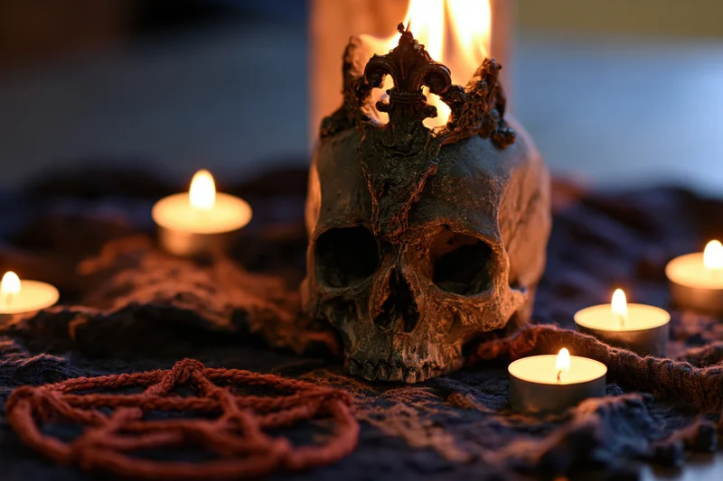 Skull with melted wax crown surrounded by candles on dark fabric