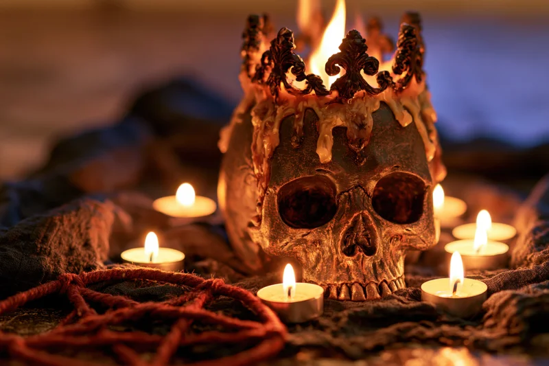 Skull with ornate melted wax crown surrounded by lit candles on textured fabric with pentagram rope symbol