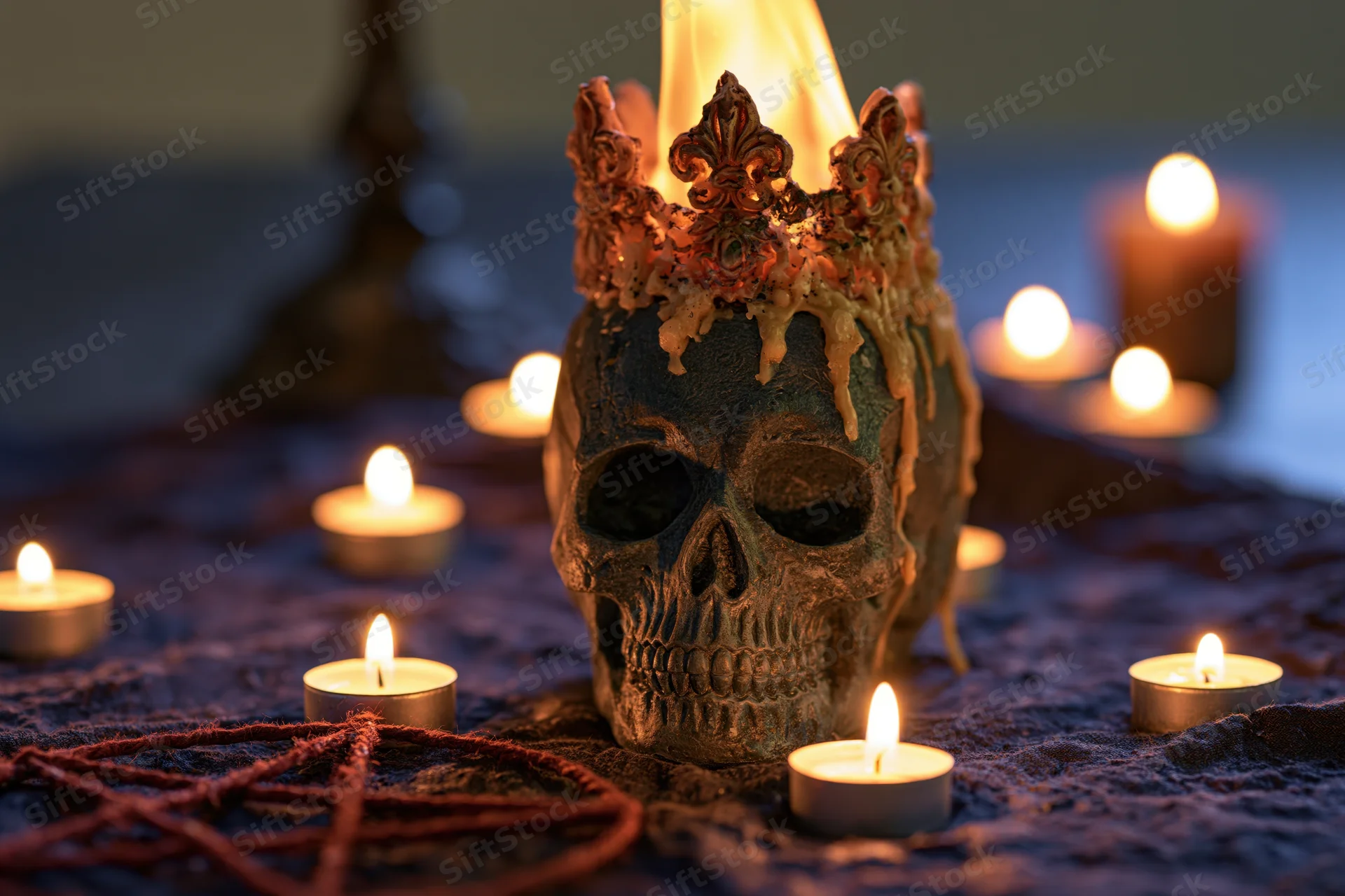 Dark resin skull wearing a melted wax crown surrounded by lit candles on a textured surface with a pentagram symbol