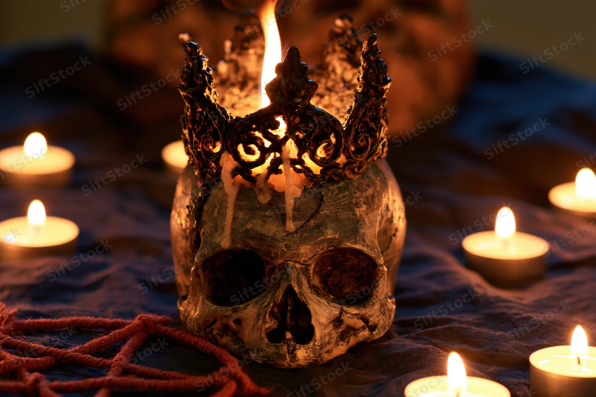 Skull with ornate crown and lit candle surrounded by candles on dark cloth with red pentagram