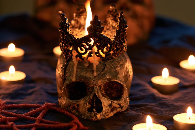 Skull with ornate crown and lit candle surrounded by candles on dark cloth with red pentagram
