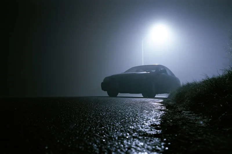 Dark sedan parked on wet rural road at night under streetlight, silhouetted in fog