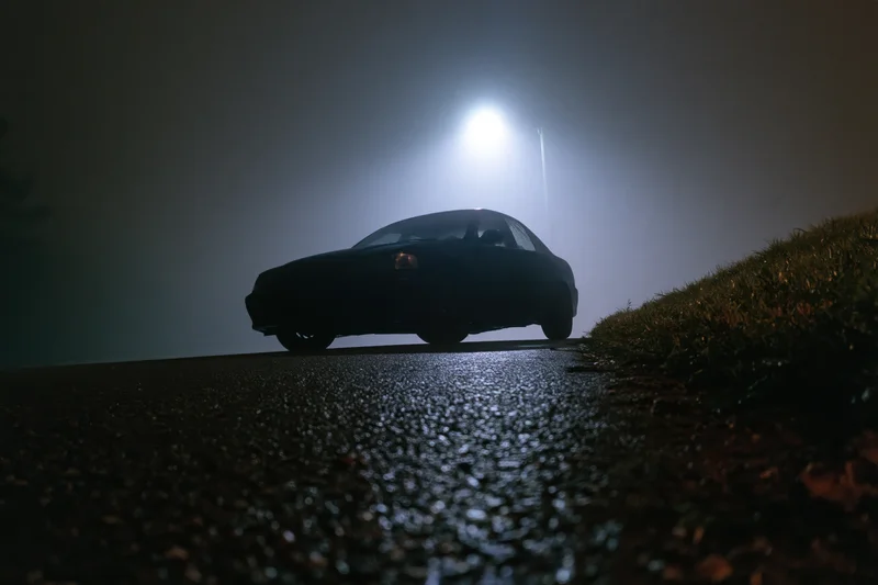 Dark sedan parked on wet rural road at night under streetlight, silhouetted against fog