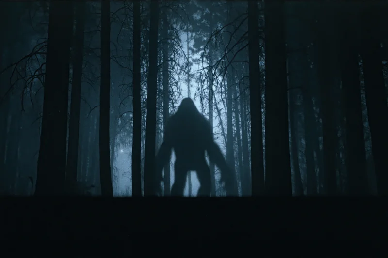 Dark silhouette of a large bipedal ape-like creature moving through a misty forest at night