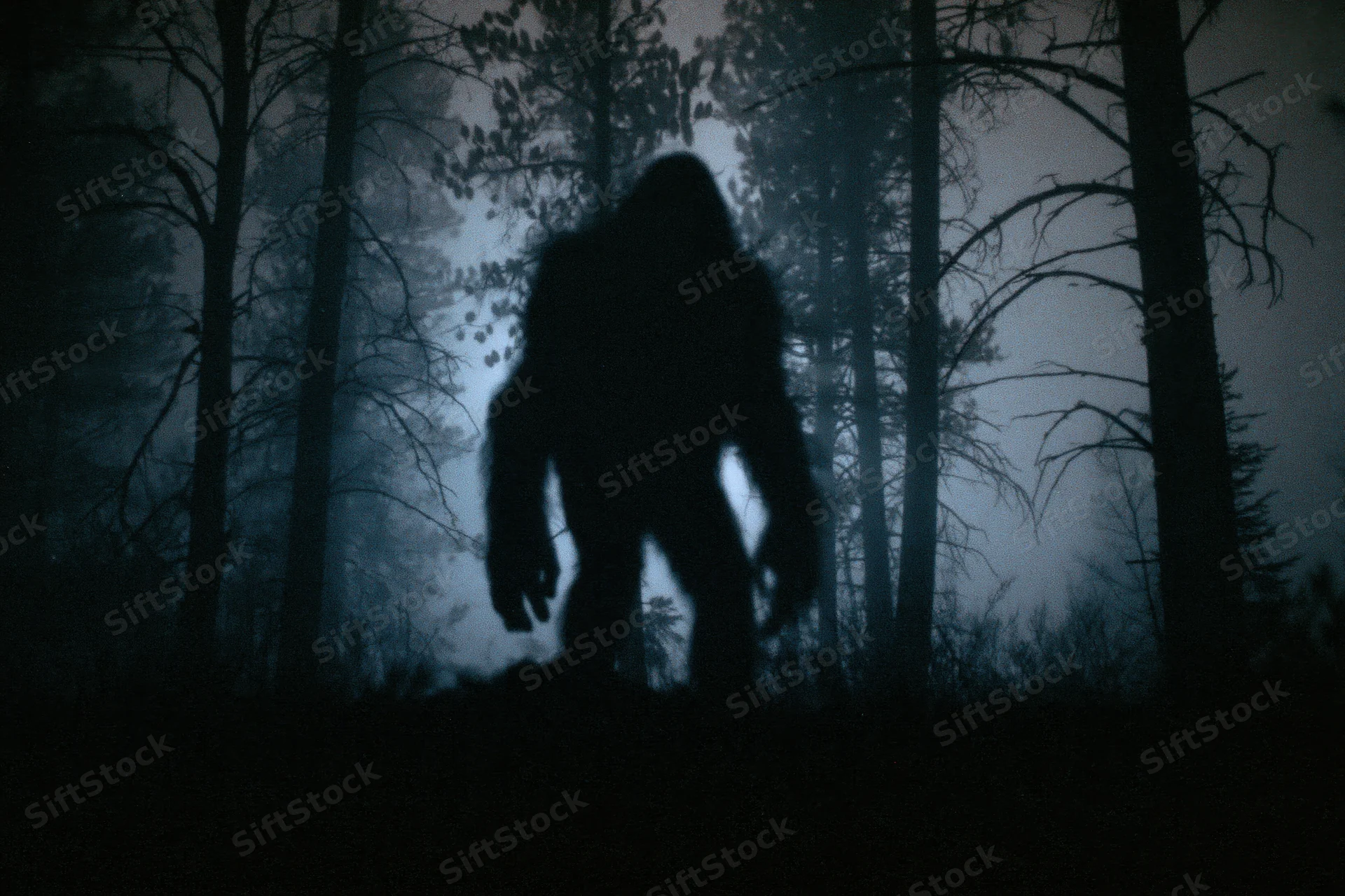 Dark silhouette of a large bipedal ape-like creature moving through a misty forest at night