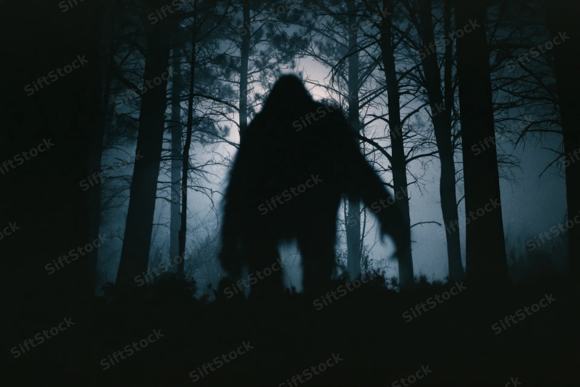 Dark silhouette of a large bipedal ape-like creature moving through a misty forest at night