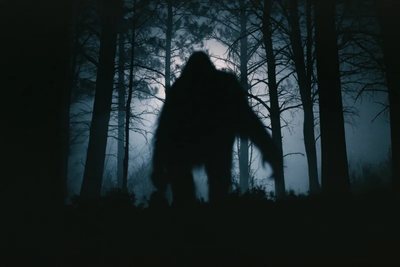Dark silhouette of a large bipedal ape-like creature moving through a misty forest at night