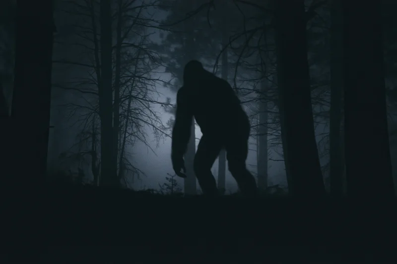 Dark silhouette of a large bipedal ape-like creature moving through a misty forest at night