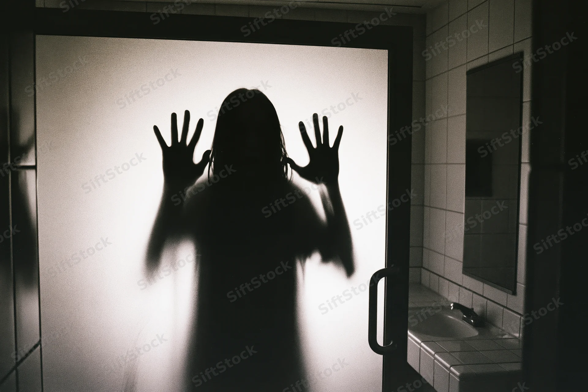 Silhouette of a long-haired woman pressing hands against frosted shower door in a tiled bathroom
