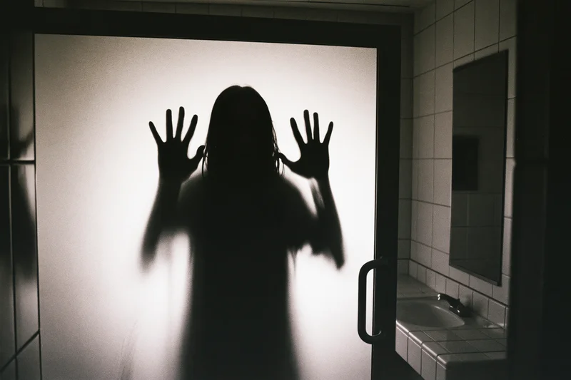 Silhouette of a long-haired woman pressing hands against frosted shower door in a tiled bathroom